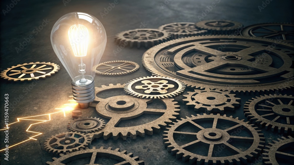Poster brightly shining light bulb illuminates a complex system of interconnected gears, symbolizing the ge