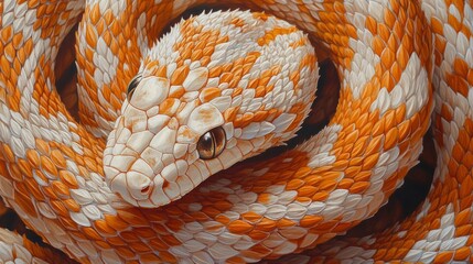 Fototapeta premium Orange and White Snake Coiled In A Tight Circle