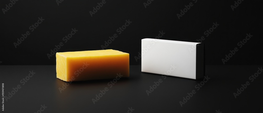 Poster yellow and white rectangular blocks on black background.