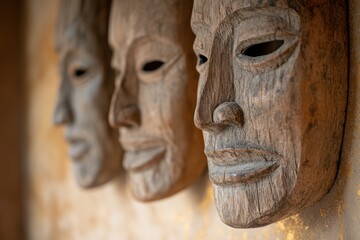 Fototapeta premium 伝統的な木彫りのマスクが壁に並ぶアートギャラリーの中で見られる