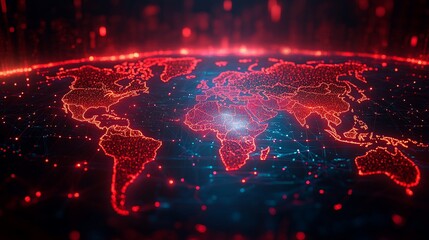 Glowing red world map network.