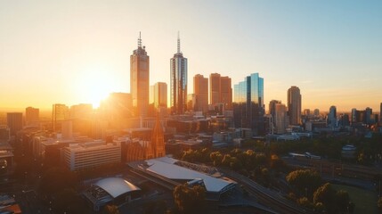 Naklejka premium Sunrise Over Bustling Cityscape with Soft Lighting