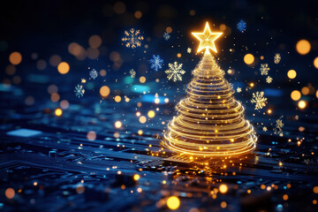 A glowing Christmas tree made of lights stands against a dark background, surrounded by sparkling snowflakes and glowing orbs, creating a festive atmosphere.