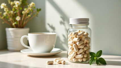 Magnesium capsules in a glass jar sitting on a white tabletop with sunlight streaming through.