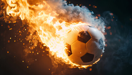 Fototapeta premium Soccer ball with bright flame flying on black background