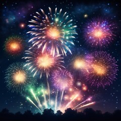 Dazzling display of fireworks bursting in a variety of colors against the night sky, symbolizing celebration festivity