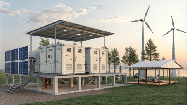 Solar panels and wind turbines powering a microgrid system, delivering sustainable energy and reducing reliance on traditional power sources for a greener future