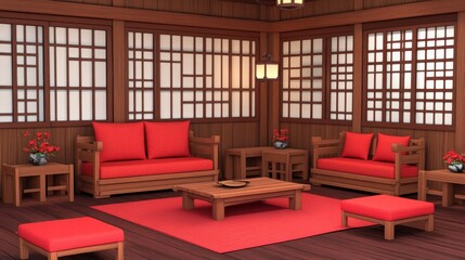 A cozy, traditional interior with red furnishings and wooden accents.