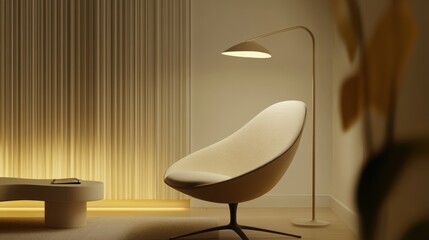 Contemporary minimalist reading nook with minimal decor. Featuring clean lines and a cozy setup