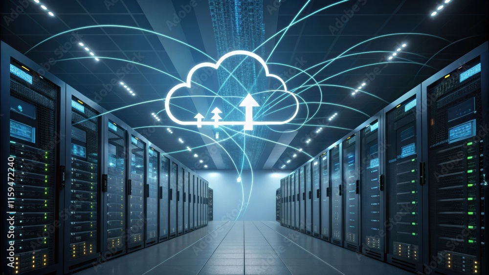 Poster multiple server racks transmitting data to a cloud storage system, visualized by futuristic connecti