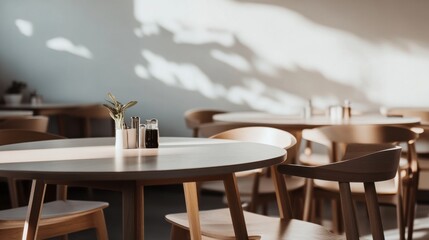 Contemporary minimalist restaurant interior with minimal decor. Featuring clean lines and a stylish design