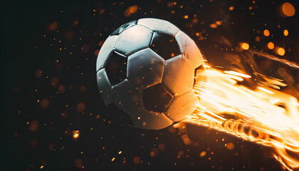 Fototapeta premium Soccer ball with bright flame flying on black background