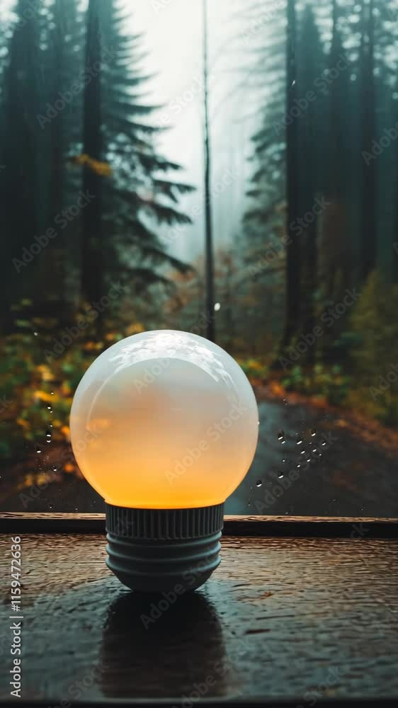 Poster bright orb illuminates a forest path in a tranquil, foggy setting during a rainy day