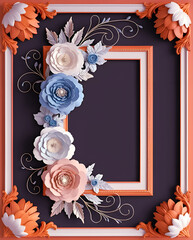 Vibrant Elegance: Multi-Colored Frame with 3D Floral Embellishments on a Black Background, Perfect for Invitations and Announcements