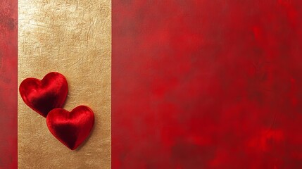 background, valentine's day banner, gold color  two 3D velvet red hearts on a red elegant background, free space for text 
