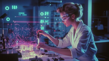 A female physicist in a modern laboratory using a laser to conduct an experiment with high-tech equipment