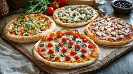 A variety of pizzas displayed on a wooden board, showcasing different toppings and styles.