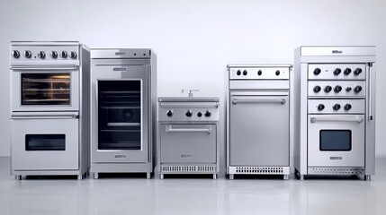 Obraz premium A collection of modern stainless steel kitchen appliances arranged in a row.