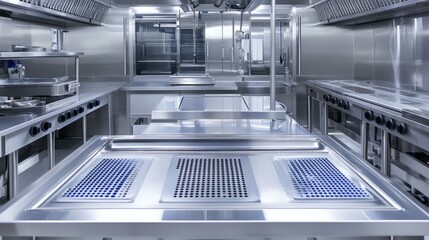 Modern commercial kitchen with stainless steel surfaces and cooking equipment.