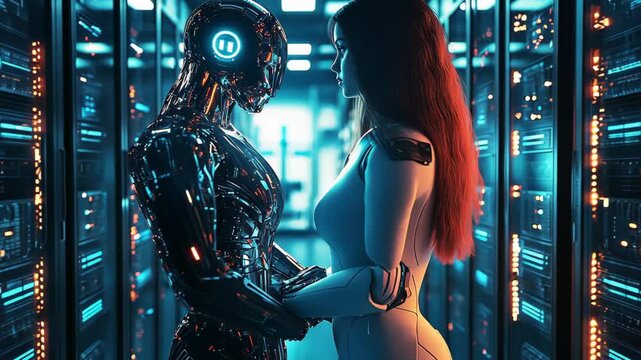 In a high-tech setting, a striking interaction unfolds between a humanoid robot and a woman