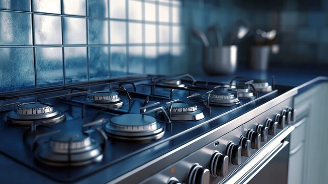 A modern gas stove with shiny burners and a tiled backsplash in a kitchen setting.