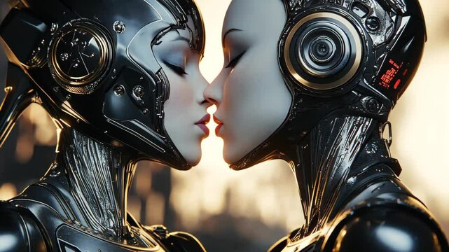 Two elegantly designed female androids lean towards each other, their faces almost touching