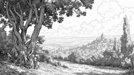A serene landscape featuring trees, hills, and a distant castle.