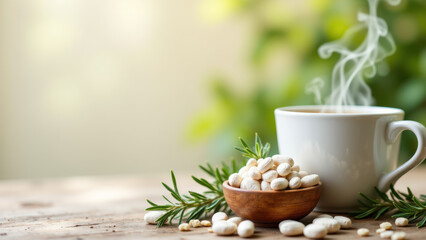 Magnesium supplements paired with a warm beverage on a wooden surface.