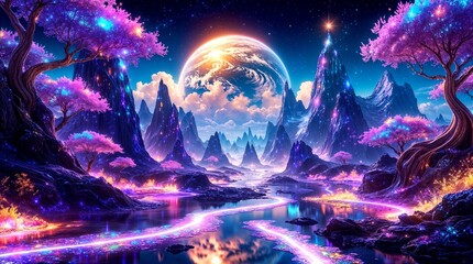 Surreal beautiful abstract background scene of an Imaginary journey in a fantasy sparkling world with surreal landscape with magical elements, stars. mountains and giant planet