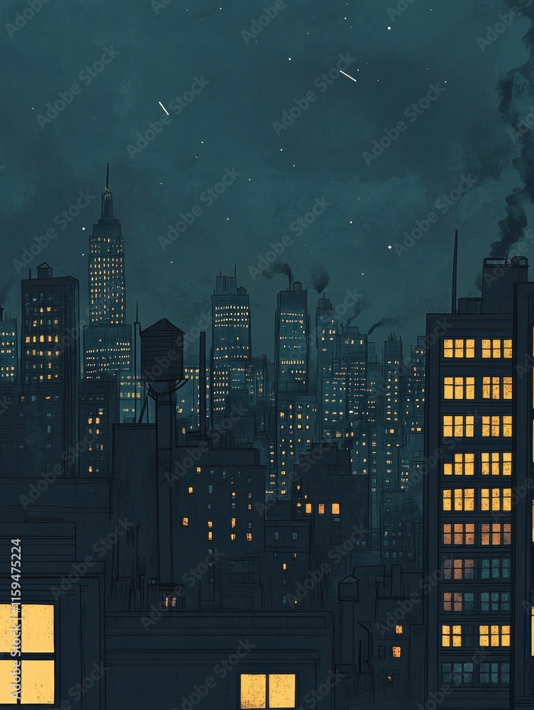 Aufkleber dark cityscape with scattered illuminated windows amidst a night sky filled with clouds and stars. g