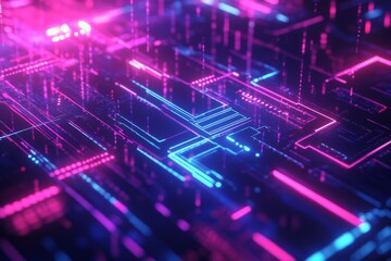 Obraz premium Dynamic Digital Technology Background with Neon and Geometric Elements