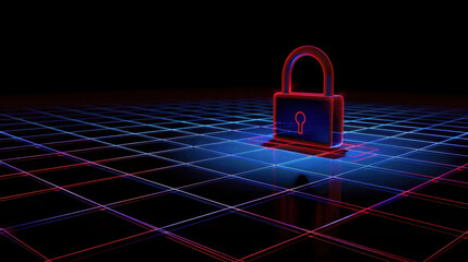glowing digital padlock flowing over dark blue background