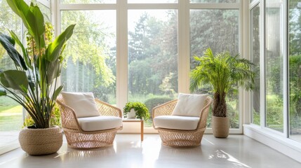 Contemporary minimalist sunroom with minimal decor. Featuring clean lines and a bright design