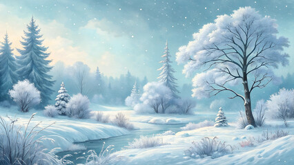 Winter wonderland background in soft pastel blues and whites evoking a serene and frosty atmosphere