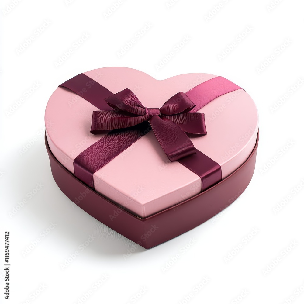 Wall mural Heart-shaped chocolate packaging box, in pink and burgundy color scheme, with ribbon decoration on the lid of double-layer cardboard box, on white background