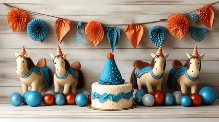 First birthday cake with horse theme and decorations.