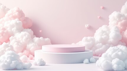 Round pastel-colored 3D podium surrounded by fluffy clouds, soft sky. Minimalist design, dreamlike aesthetic. Dreamy Beauty cosmetic product mock up placement pedestal, promotion stand