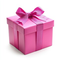 Fototapeta premium Elegant brightly pink gift box with bob bow, isolated on white background 