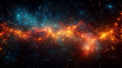 Fototapeta premium Cosmic nebula with orange and blue glowing gas clouds in space.