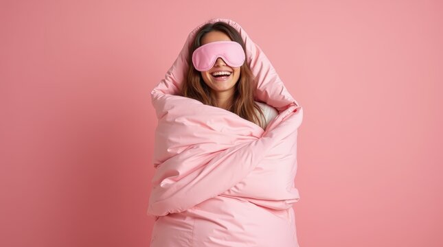 Cheerful woman wears sleepmask on eyes smiles broadly wrapped in duvet expresses positive emotions being in good mood isolated over pink background. People rest and bedtime concept photography