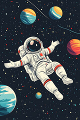 An astronaut floats in space surrounded by colorful planets and stars.