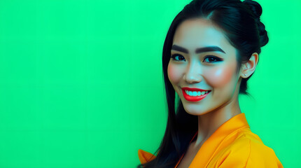 South Asian, Thai, Malaysian, Chinese, Vietnamese, Japanese beautiful young  smiling woman in orange dress, green background, space for text copy