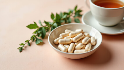 A small bowl filled with white magnesium supplement capsules alongside a cup of tea on a table.