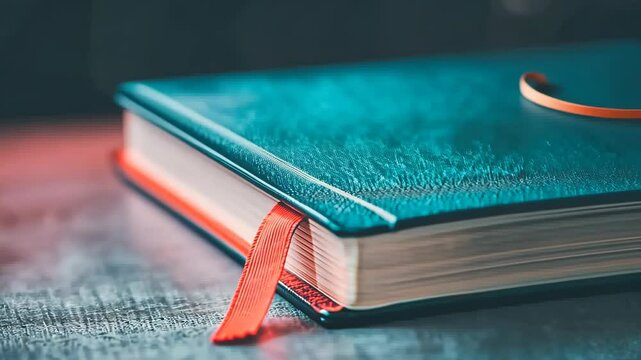 Elegant turquoise notebook with a red ribbon bookmark resting on a textured surface, perfect for writing or journaling