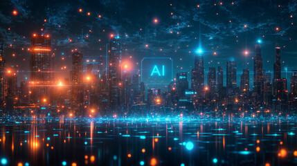 Fototapeta premium Futuristic night city interconnected with AI 