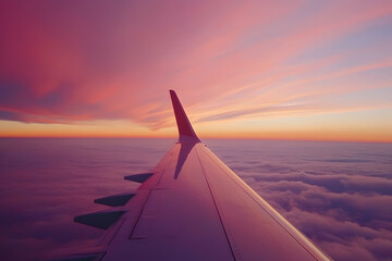 Airplane wing during a colorful sunset flight