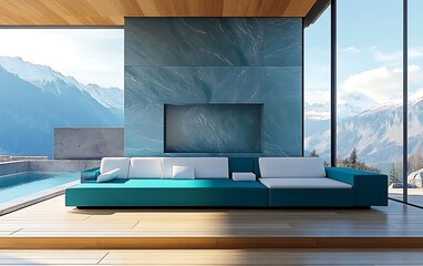 Modern interior design of a living room featuring a vibrant teal sofa with white cushions, wooden flooring, and a large floor-to-ceiling window, filled 