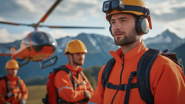 Mountain rescue teams prepare for a helicopter rescue mission showcasing teamwork and safety in challenging conditions.