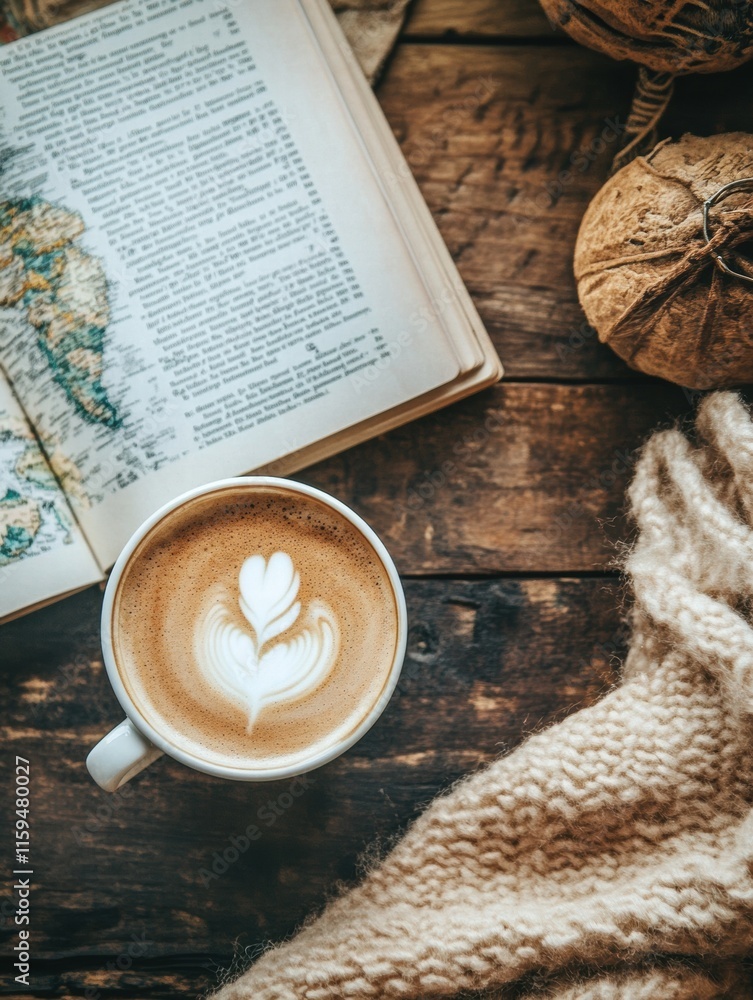 Aufkleber Enjoying a cozy moment with coffee and a travel guide on a rustic wooden table in a warm setting. Generative AI