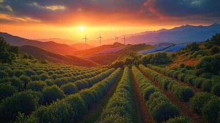 Obraz premium Vibrant sunset over rows of crops, wind turbines, and solar panels in a hilly landscape.